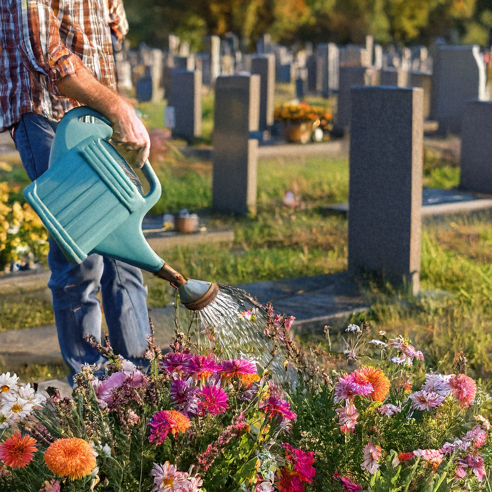Gärtner am Abend gießt Blumen in Köln am Friedhof Gärtner am Abend gießt Blumen in Köln am Friedhof